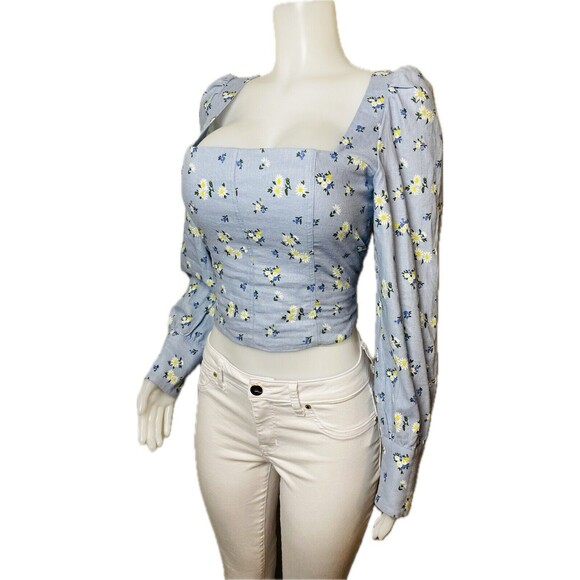 F. Rachel Zoe Linen Crop Top M Multicolor Blouse Long Sleeve  Square Neck NWT - Picture 1 of 9